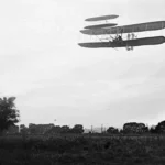 Front view of flight 41, Orville flying to the left at a height of about 60 feet; Huffman Prairie, Dayton, Ohio, September 29, 1905.