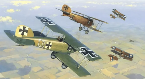 a painting of WWI War Aircraft