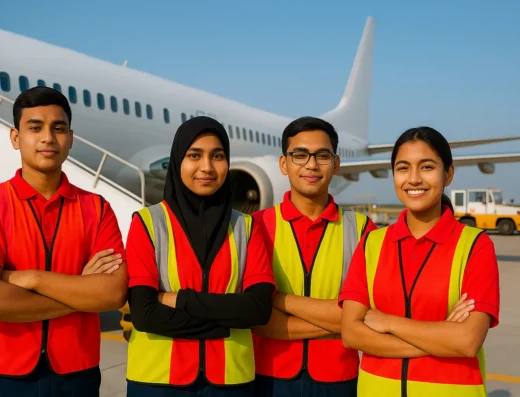 An AI created image projection of Bangladeshi youth standing at the airport apron as Ground Staff