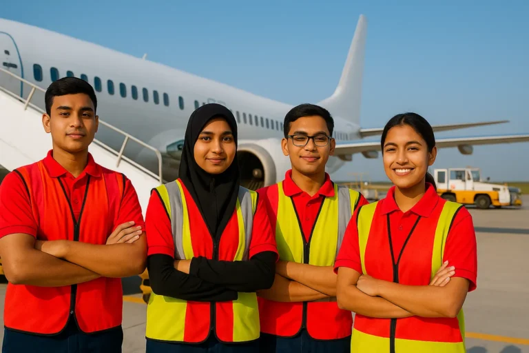An AI created image projection of Bangladeshi youth standing at the airport apron as Ground Staff