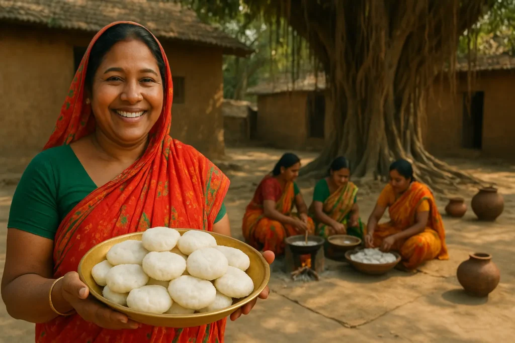 A village women offering local made cakes in Amontron campaign